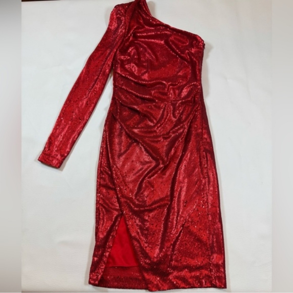 NBD Shimmering Red One-Shoulder Dress